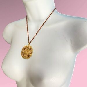 NY Statement Necklace Pendant Sparkly Rhinestone On Brown Silk Cord